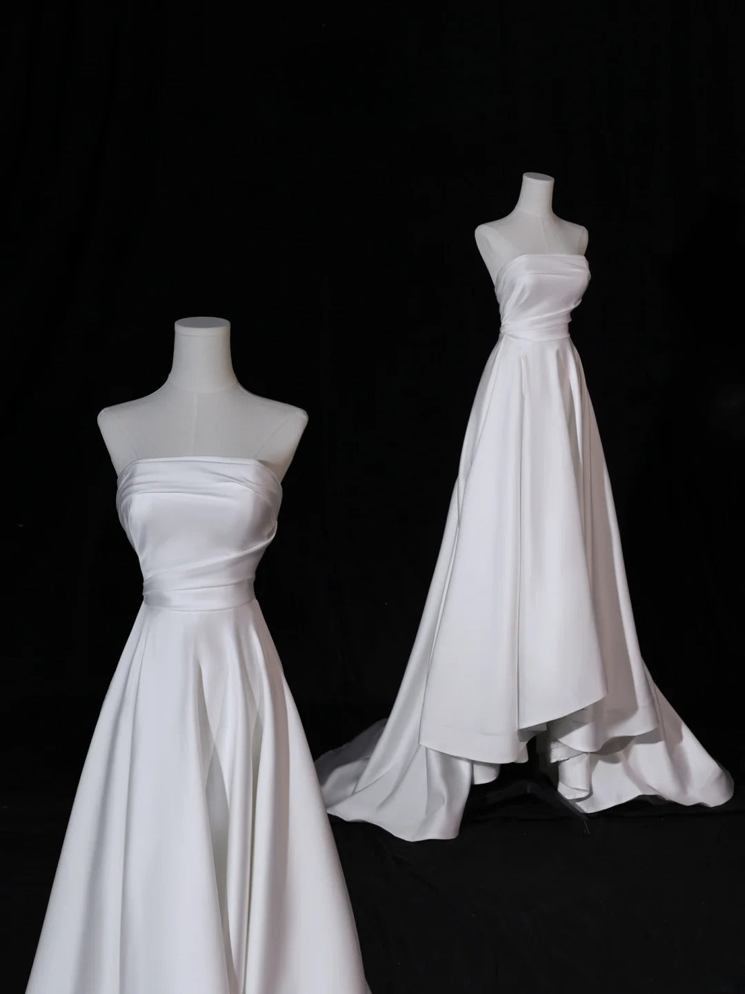 Robe de mariée longue et simple, coupe trapèze, bustier en satin soyeux, bustier plissé, traîne, robe de mariée blanche cintrée AS410