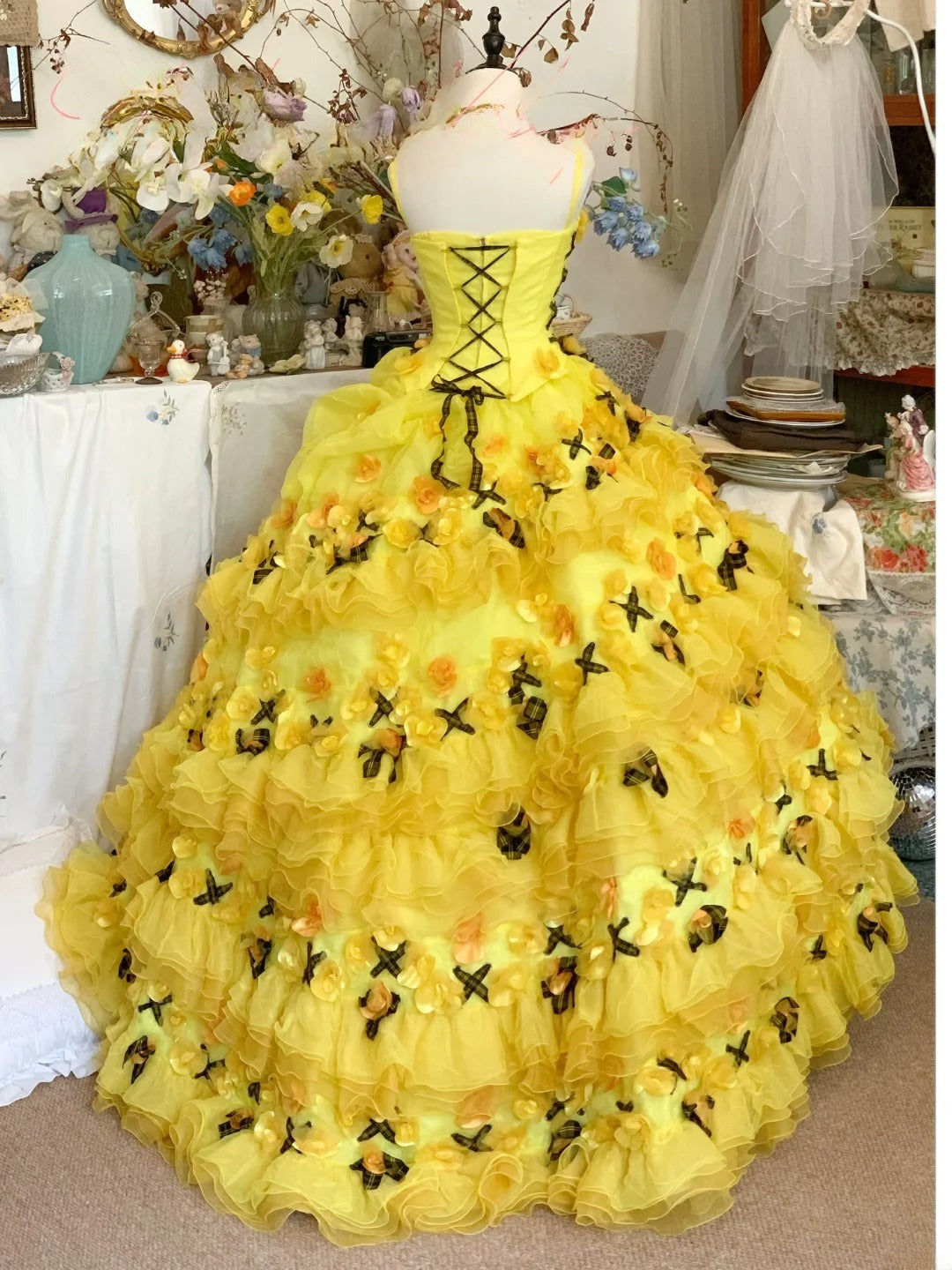 Yellow Sweet 16 Dress Ballgown Spaghetti Straps Sweet Sixteen Dress With Flowers RB9423