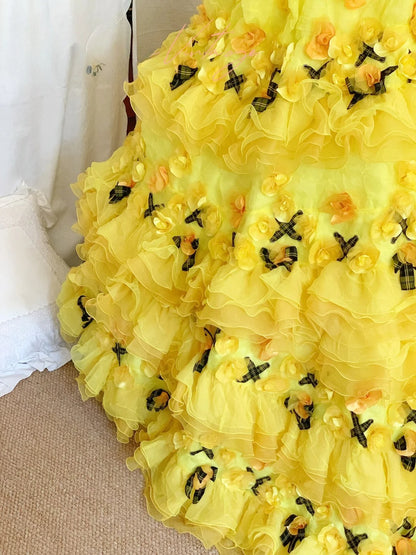 Yellow Sweet 16 Dress Ballgown Spaghetti Straps Sweet Sixteen Dress With Flowers RB9423