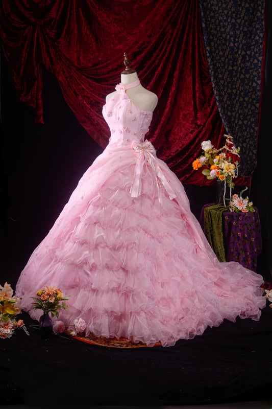 Classic Ball Gown High Neck Pink Tulle Sweet 16 Long Prom Dress Inspiration Party Senior Dance Prom Dresses AU536