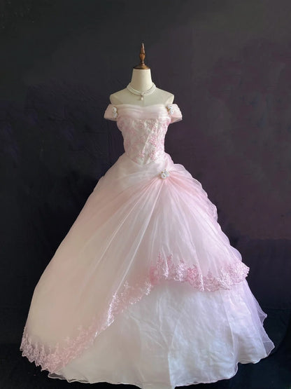 Princess Vibes Ball Gown Off The Shoulder Pink Tulle Long With Tiered Quince Dress inspo Quinceanera Dresses Sweet 16 Outfit RB7866