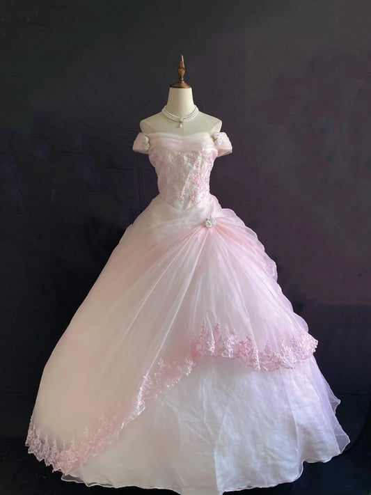Princess Vibes Ball Gown Off The Shoulder Pink Tulle Long With Tiered Quince Dress inspo Quinceanera Dresses Sweet 16 Outfit RB7866