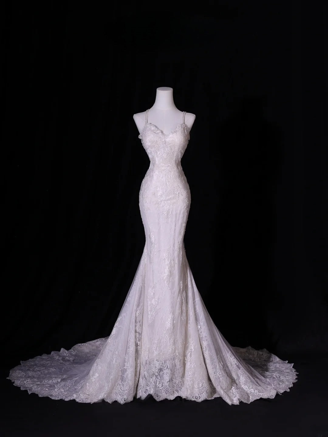 Robe de mariée sirène classique en tulle et dentelle, bretelles spaghetti, coupe ajustée, disponible en tailles petites et grandes (AS412)