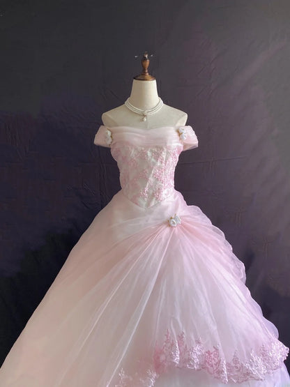 Princess Vibes Ball Gown Off The Shoulder Pink Tulle Long With Tiered Quince Dress inspo Quinceanera Dresses Sweet 16 Outfit RB7866