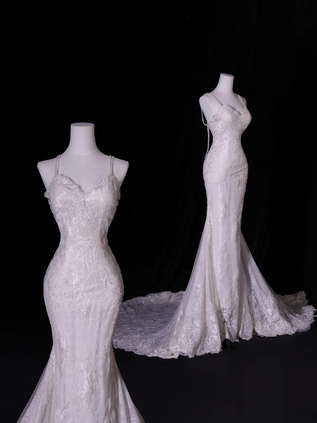 Robe de mariée sirène classique en tulle et dentelle, bretelles spaghetti, coupe ajustée, disponible en tailles petites et grandes (AS412)