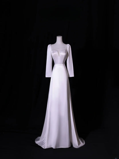 Robe de mariée longue et simple, coupe trapèze, col carré, manches longues, style satin soyeux, blanche, cintrée, AS413
