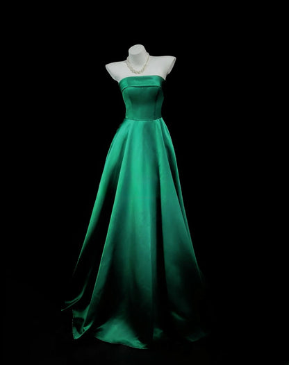 Simple Prom Dresses A line Strapless Dark Green Satin Long Party Formal Outfits RB6229