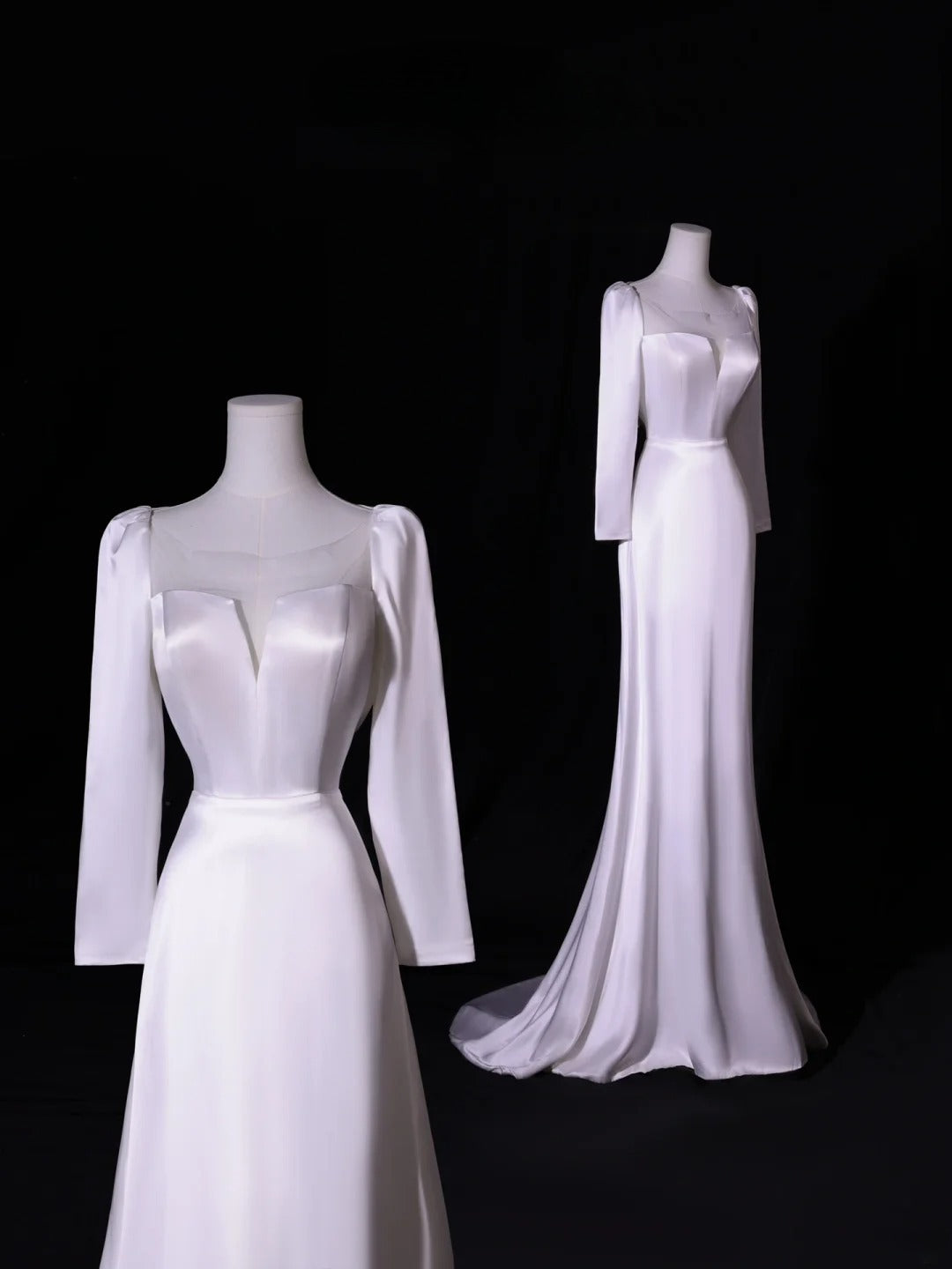 Robe de mariée longue et simple, coupe trapèze, col carré, manches longues, style satin soyeux, blanche, cintrée, AS413