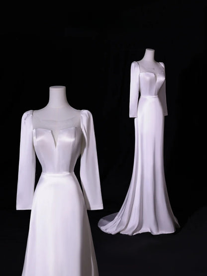 Robe de mariée longue et simple, coupe trapèze, col carré, manches longues, style satin soyeux, blanche, cintrée, AS413