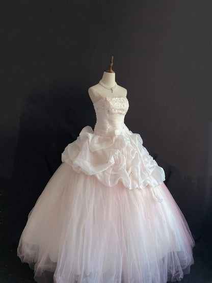 Princess Vibes Ball Gown Strapless Light Pink Tulle Long With Tiered Lace Quince Dress inspo Quinceanera Dresses Sweet 16 Outfit RB7867