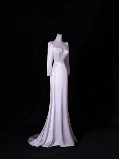 Robe de mariée longue et simple, coupe trapèze, col carré, manches longues, style satin soyeux, blanche, cintrée, AS413