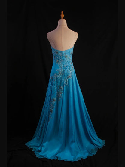Vintage A-Linien-Kleid aus blauem Chiffon im Stil der 1950er Jahre, trägerlos, mit Perlenbesatz am Oberteil, langes Ballkleid, Inspiration für Geburtstagsoutfits, Partykleid AS413