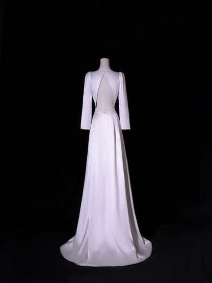Robe de mariée longue et simple, coupe trapèze, col carré, manches longues, style satin soyeux, blanche, cintrée, AS413