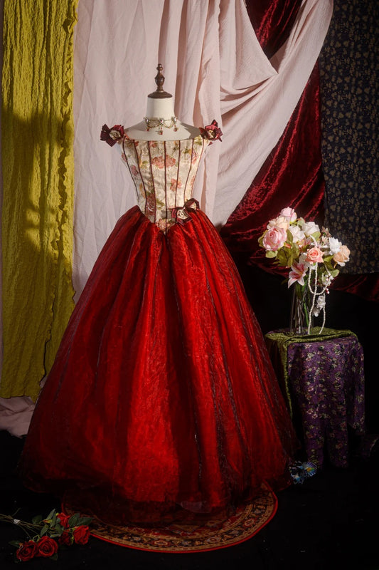 Pretty Ball Gown Red Floral Long Tulle Sweet 15 Quinceanera Dresses Formal Gown Birthday Vestido De 15 Años RB8603