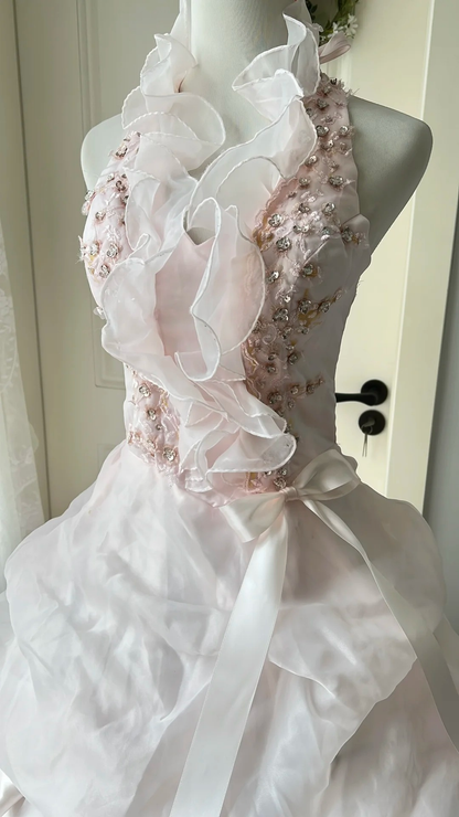 Quinceanera-Kleid für den 15. Geburtstag, Ballkleid mit Neckholder in Hellrosa, mehrlagig, langes Outfit für den 16. Geburtstag, RC0734