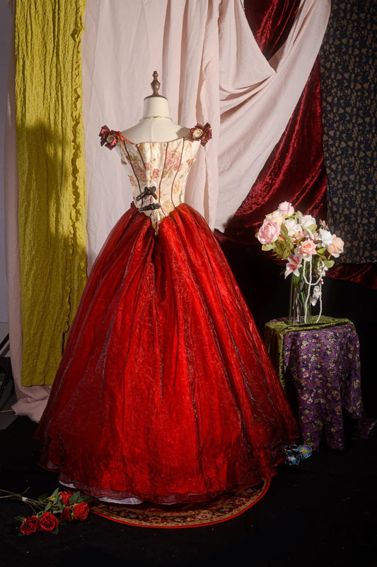 Pretty Ball Gown Red Floral Long Tulle Sweet 15 Quinceanera Dresses Formal Gown Birthday Vestido De 15 Años RB8603