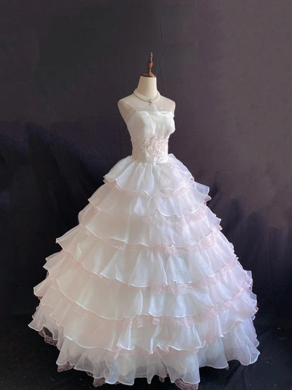 Princess Vibes Ball Gown Strapless Light Pink Chiffon Long With Tiered Lace Quince Dress inspo Quinceanera Dresses Sweet 16 Outfit RB7868