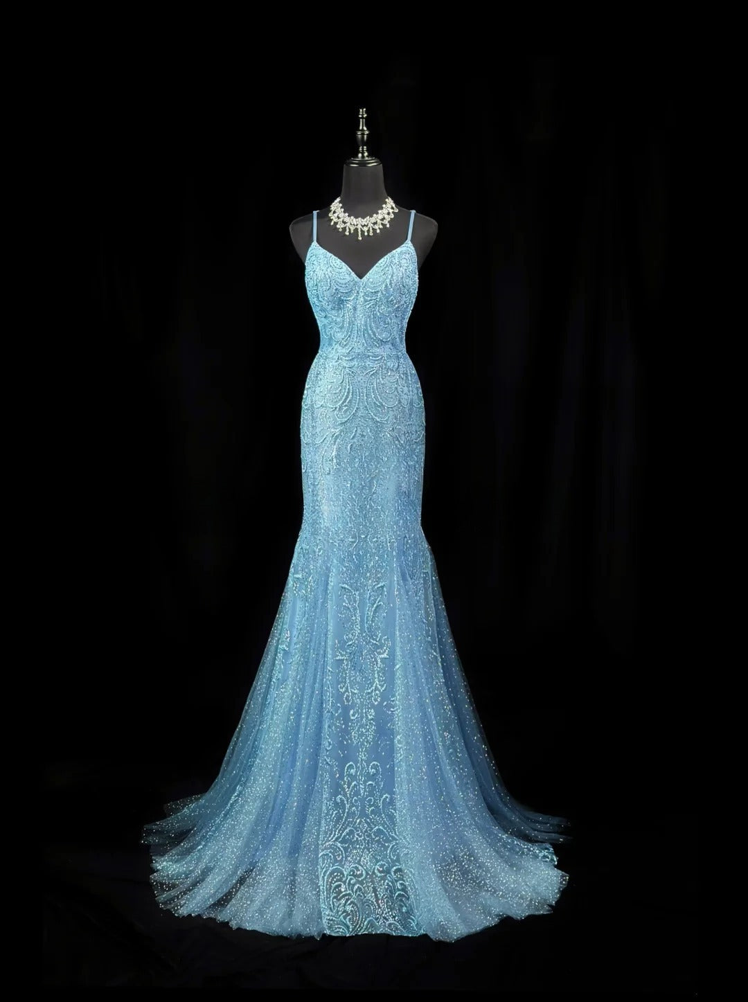 Vintage Prom Dresses Mermaid Spaghetti Strap Light Sky Blue Lace 1950s Retro Classy Party Formal Outfits RB6231