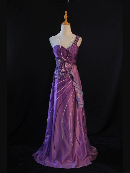 Vintage A Line One Shoulder Purple 1950s With Pleated Ruffled Beaded Bodice Long Prom Dresses Inspo Birthday Outfit Formal Gown AS415