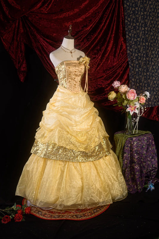 Stylish Ball Gown Strapless Yellow Long Tulle Sweet 15 Quinceanera Dresses Formal Gown Birthday Vestido De 15 Años RB8604