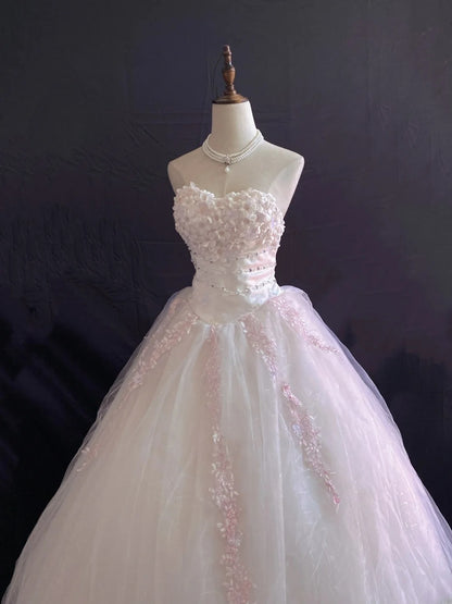 Princess Vibes Ball Gown Sweetheart Light Pink Tulle Long With 3D Flowers Lace Quince Dress inspo Quinceanera Dresses Sweet 16 Outfit RB7869