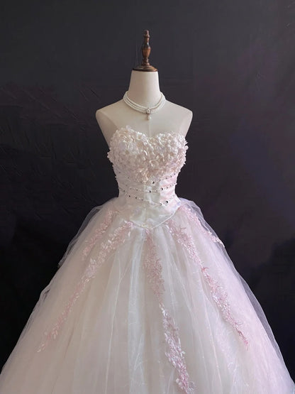Princess Vibes Ball Gown Sweetheart Light Pink Tulle Long With 3D Flowers Lace Quince Dress inspo Quinceanera Dresses Sweet 16 Outfit RB7869