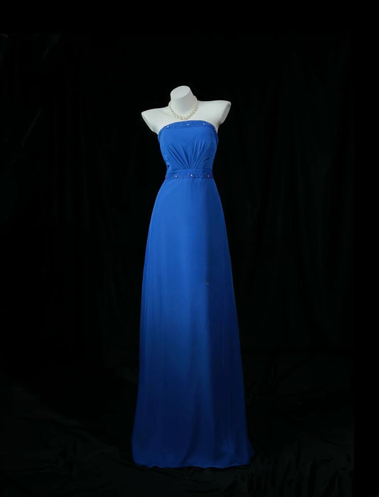 Simple Prom Dresses A line Strapless Royal Blue Chiffon With Beads Long Party Formal Outfits RB6230