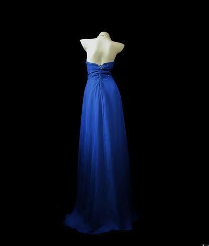 Simple Prom Dresses A line Strapless Royal Blue Chiffon With Beads Long Party Formal Outfits RB6230
