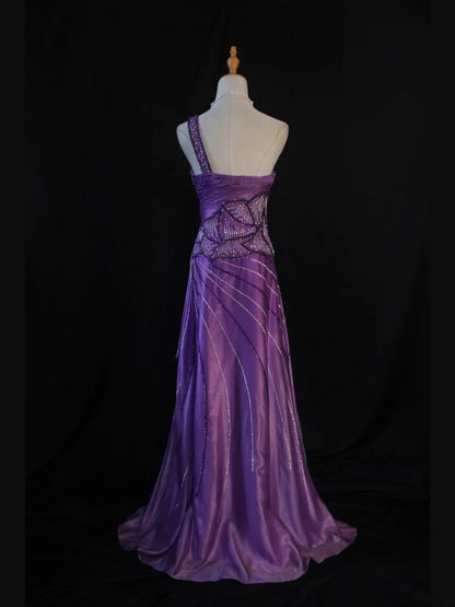 Vintage A Line One Shoulder Purple 1950s With Pleated Ruffled Beaded Bodice Long Prom Dresses Inspo Birthday Outfit Formal Gown AS415