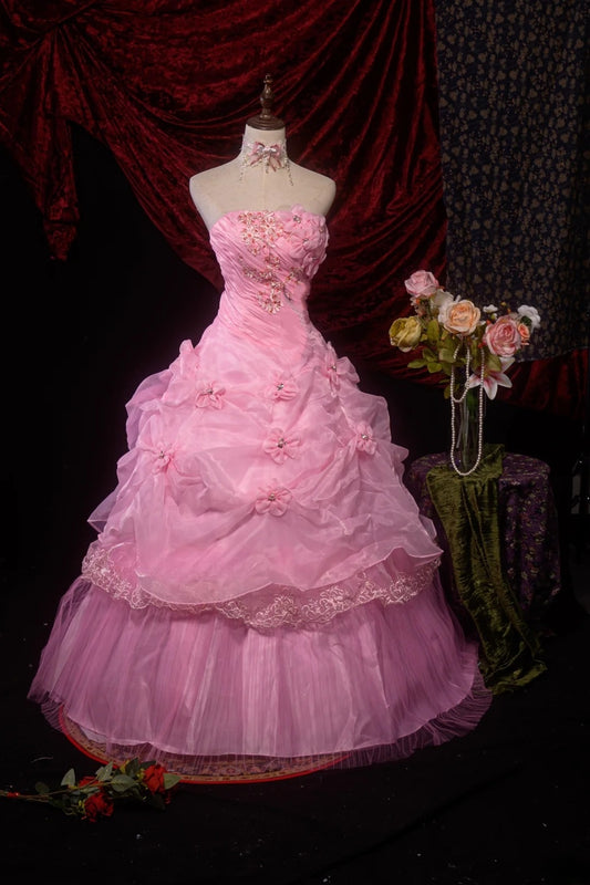 Stylish Ball Gown Strapless Pink Long Tulle Sweet 15 Quinceanera Dresses Formal Gown Birthday Vestido De 15 Años RB8605