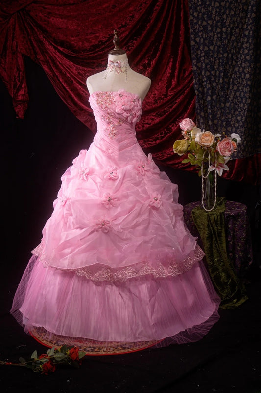 Stylish Ball Gown Strapless Pink Long Tulle Sweet 15 Quinceanera Dresses Formal Gown Birthday Vestido De 15 Años RB8605