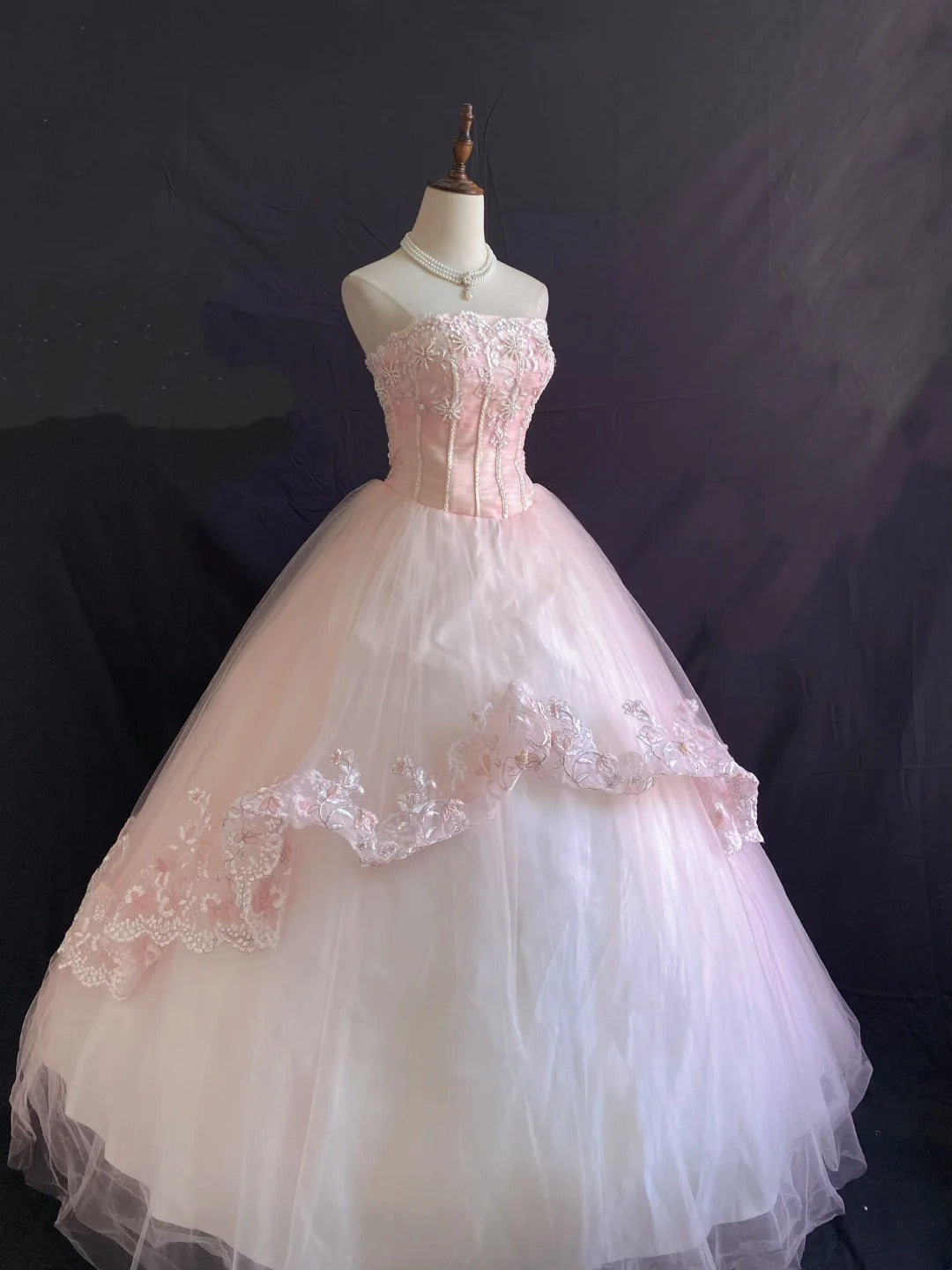Princess Vibes Ball Gown Strapless Blush Pink Tulle Long With Pearls Lace Quince Dress inspo Quinceanera Dresses Sweet 16 Outfit RB7870