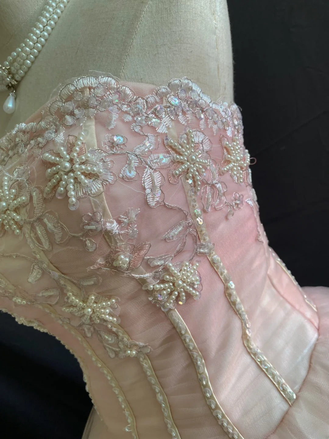Princess Vibes Ball Gown Strapless Blush Pink Tulle Long With Pearls Lace Quince Dress inspo Quinceanera Dresses Sweet 16 Outfit RB7870
