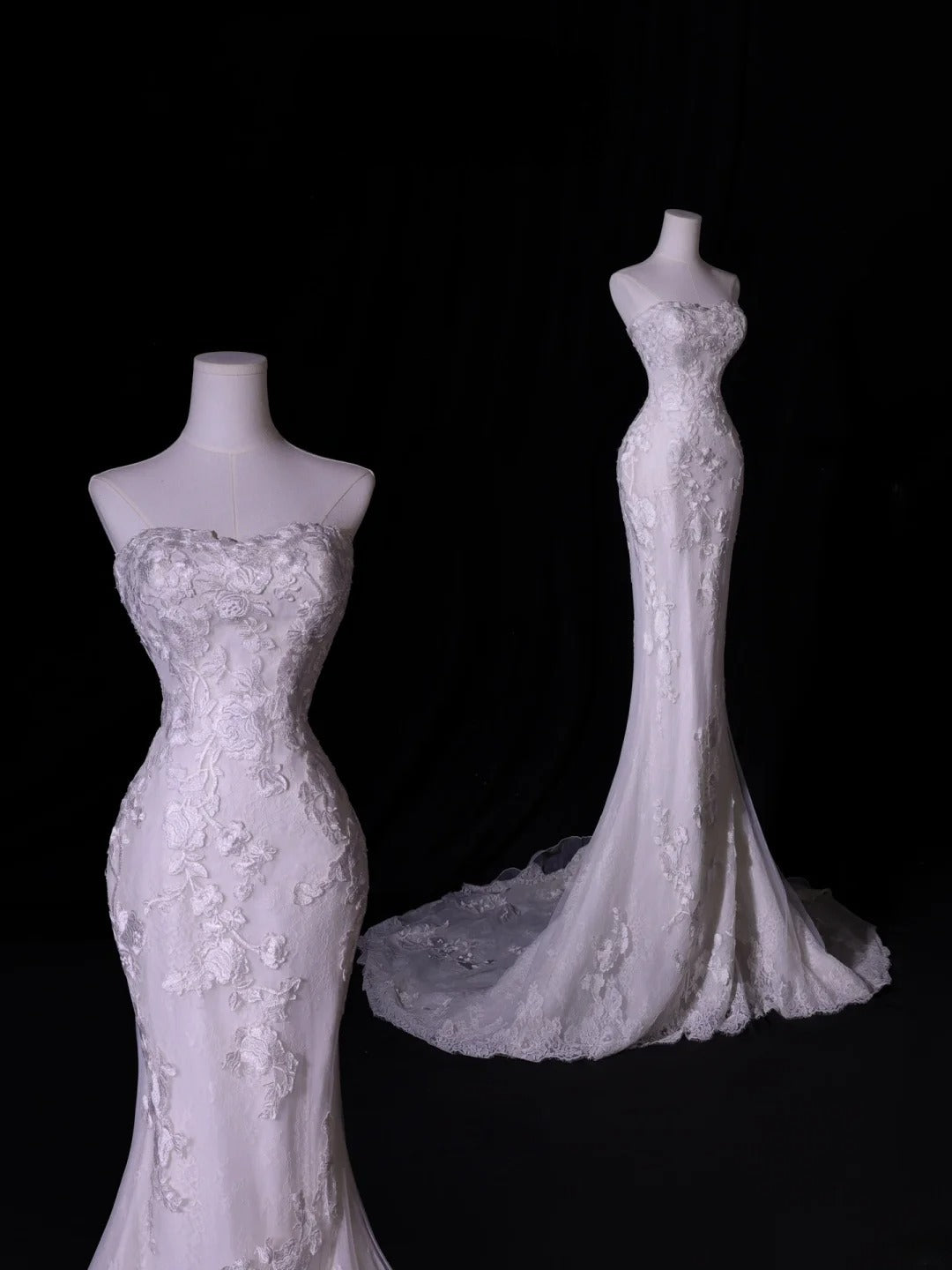 Classic Long Wedding Gowns Mermaid Strapless Style for Bride With Lace Tulle Bodice Train White Bridal Dress AS416