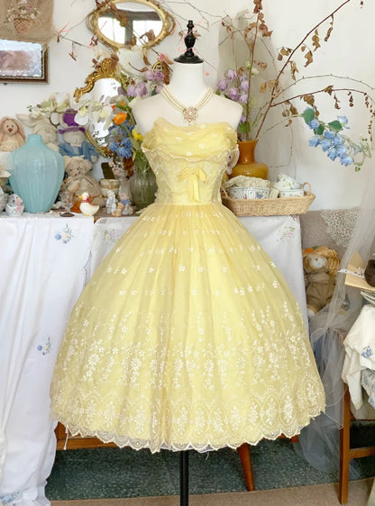 Vintage Hoco Dress Yellow Lace Tea Length Ball Gown Homecoming Party Dress RB9426