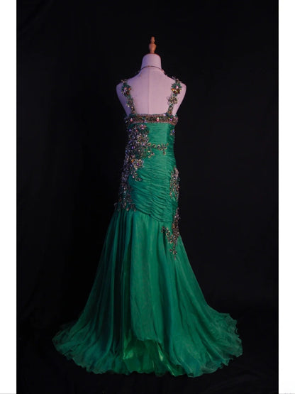 Vintage Meerjungfrauen-Kleid aus grünem Chiffon im Stil der 1950er Jahre mit plissiertem, gerüschtem und perlenbesetztem Oberteil – langes Ballkleid, Inspiration für Geburtstagsoutfits, formelles Abendkleid AS417