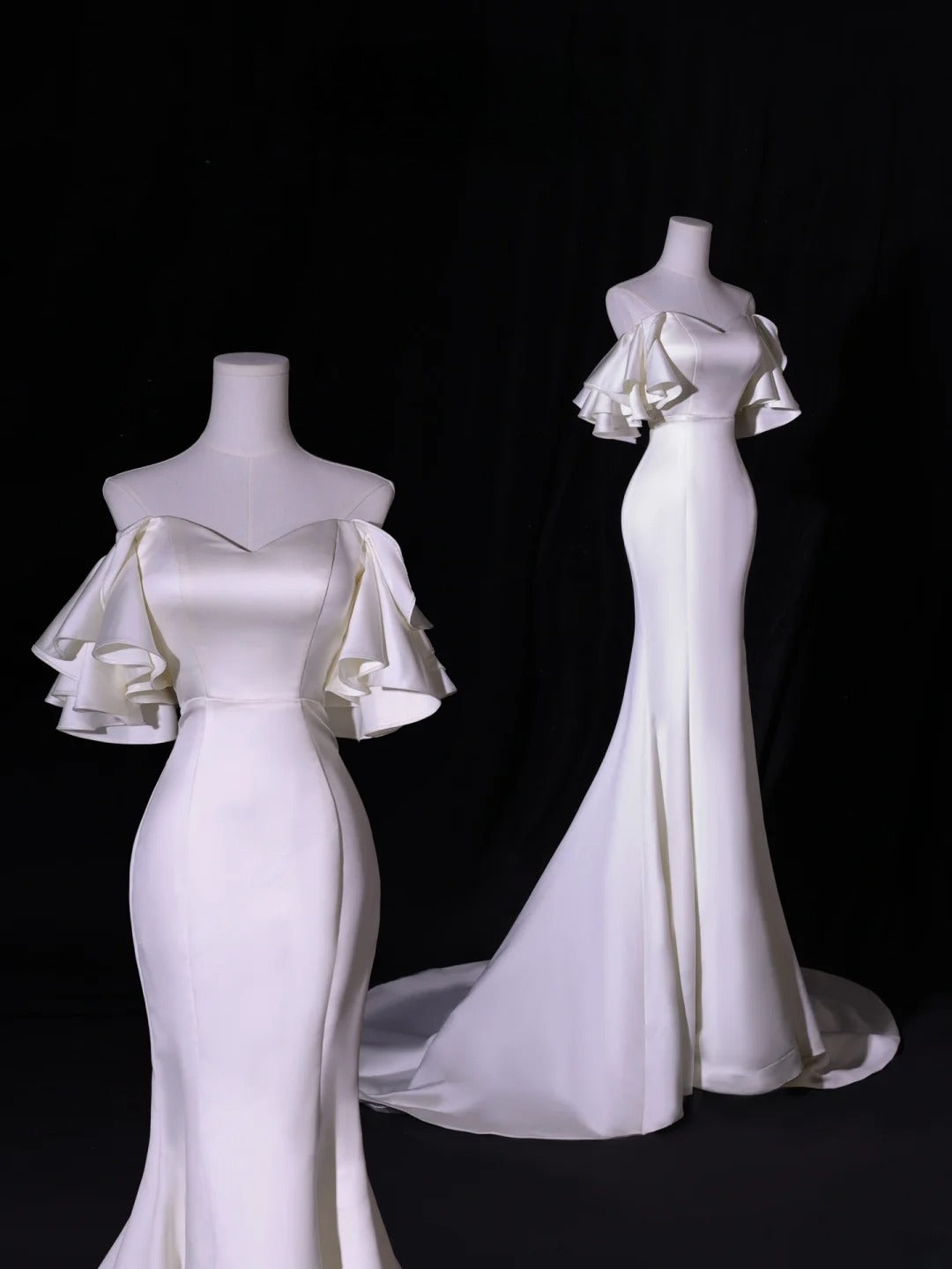 Robe de mariée longue et simple, coupe sirène, épaules dénudées, manches courtes, style satin soyeux, blanche, cintrée, AS417