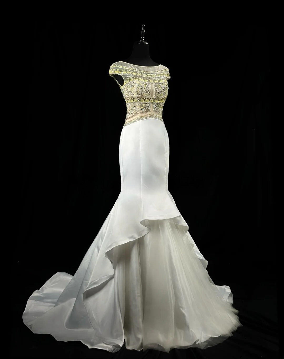 Sparkly Prom Dresses Mermaid Scoop Neck White Satin Tulle With Beads Long Party Formal Outfits RB6233
