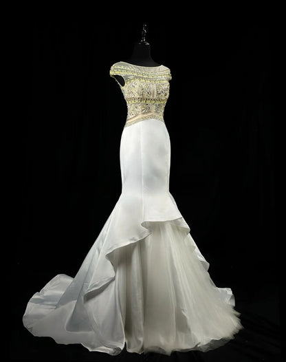 Sparkly Prom Dresses Mermaid Scoop Neck White Satin Tulle With Beads Long Party Formal Outfits RB6233