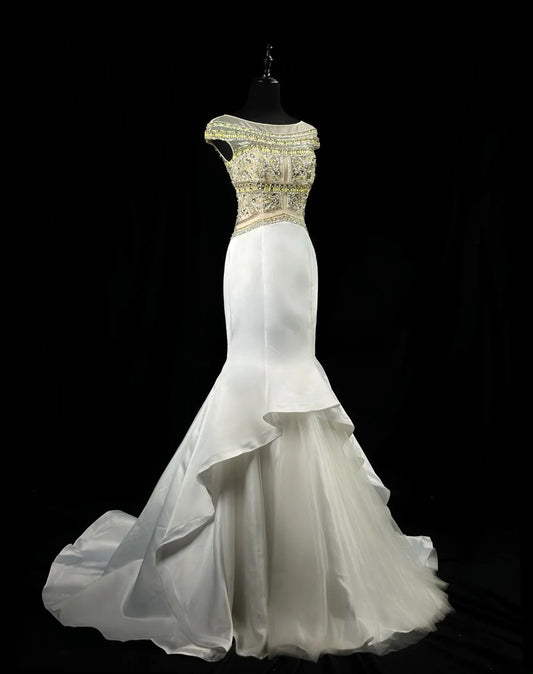 Sparkly Prom Dresses Mermaid Scoop Neck White Satin Tulle With Beads Long Party Formal Outfits RB6233