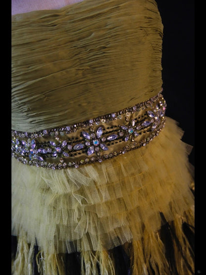 Vintage A-Linien-Kleid, trägerlos, olivgrün, Tüll mit Perlen und Federn, kurzes Kleid zum 16. Geburtstag, Homecoming-Kleid, Cocktailkleid AS418