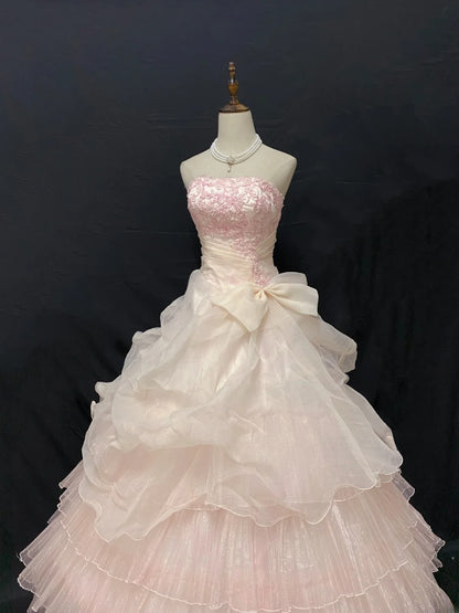 Princess Vibes Ball Gown Strapless Tulle Blush Pink Long With Tiered Layers Quince Dress inspo Quinceanera Dresses Sweet 16 Outfit RB7872