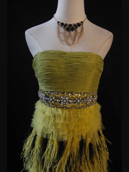 Vintage A-Linien-Kleid, trägerlos, olivgrün, Tüll mit Perlen und Federn, kurzes Kleid zum 16. Geburtstag, Homecoming-Kleid, Cocktailkleid AS418
