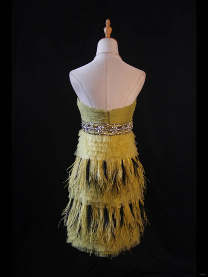 Vintage A-Linien-Kleid, trägerlos, olivgrün, Tüll mit Perlen und Federn, kurzes Kleid zum 16. Geburtstag, Homecoming-Kleid, Cocktailkleid AS418