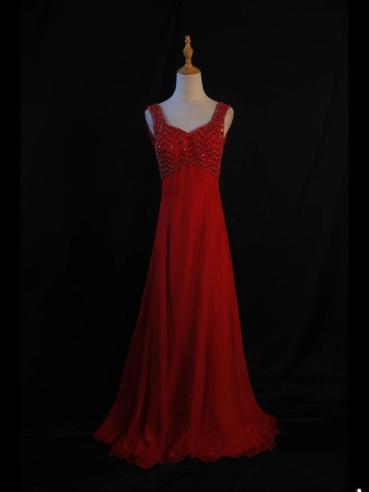 Vintage A-Linien-Kleid aus rotem Chiffon im Stil der 1950er Jahre mit herzförmigem Ausschnitt, perlenbesetztem Oberteil, langes Ballkleid, Inspiration für Geburtstagsoutfits, formelles Kleid für Damen AS419