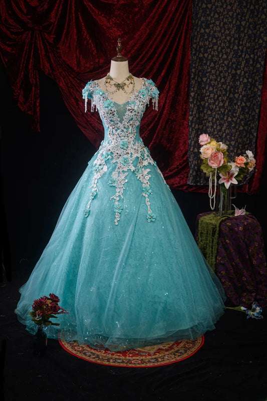 Stylish Ball Gown V Neck Blue Tulle Quinceanera Dresses For Sweet 15 & 15 Anos Celebration Vestido De 15 Años RB8608
