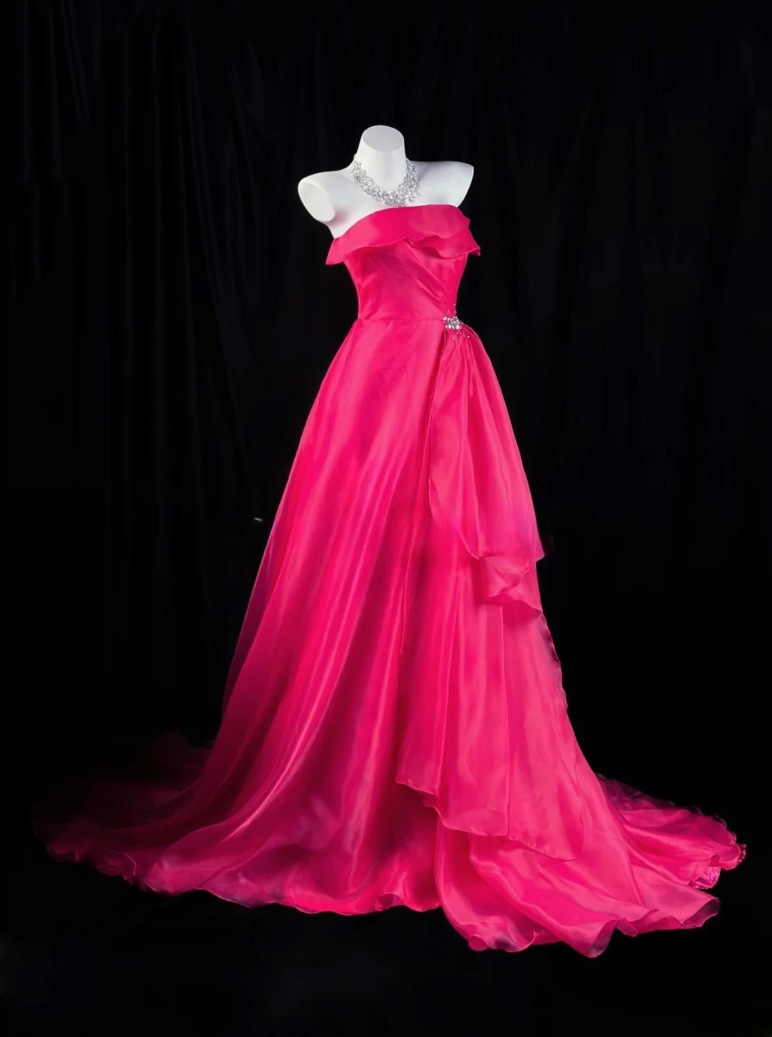 Charming Prom Dresses Ball Gown Strapless Hot Pink Organza With Ruffled Night Evening Formal Outfits RB6235