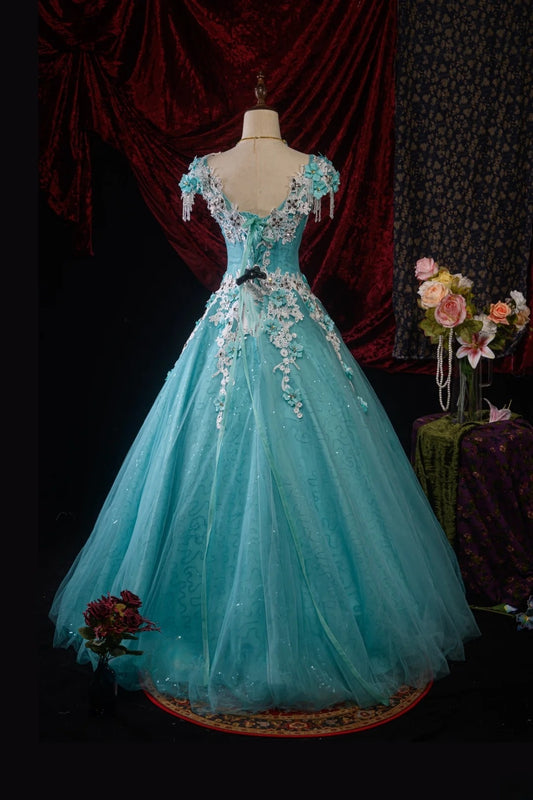 Stylish Ball Gown V Neck Blue Tulle Quinceanera Dresses For Sweet 15 & 15 Anos Celebration Vestido De 15 Años RB8608
