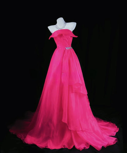 Charming Prom Dresses Ball Gown Strapless Hot Pink Organza With Ruffled Night Evening Formal Outfits RB6235