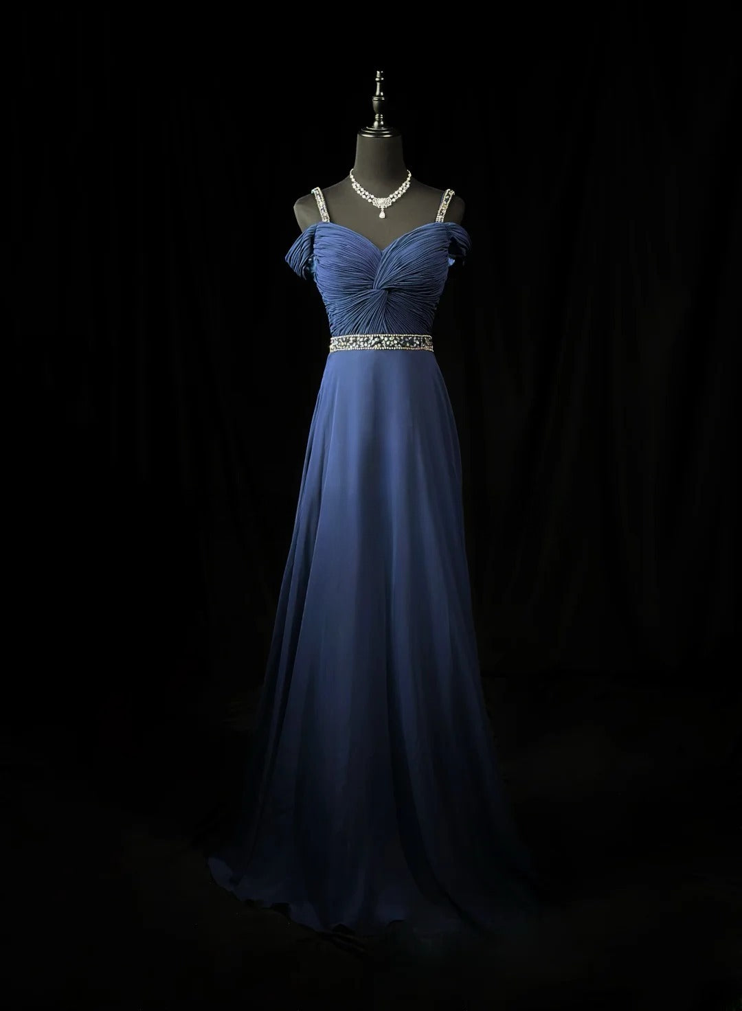 Vintage Prom Dresses A line Spaghetti Strap Navy Blue Chiffon 1950s Retro Classy Party Formal Outfits RB6237